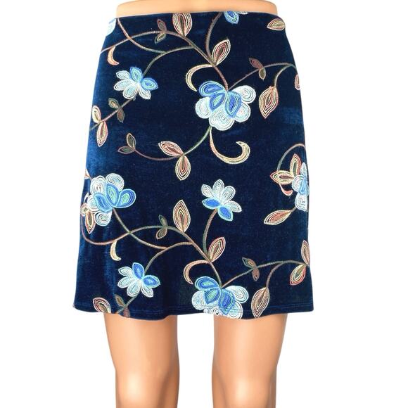 Mi Ami Women's Blue Floral Velvet Velour High Waist Zipper Mini A-Line Skirt M - Picture 1 of 6